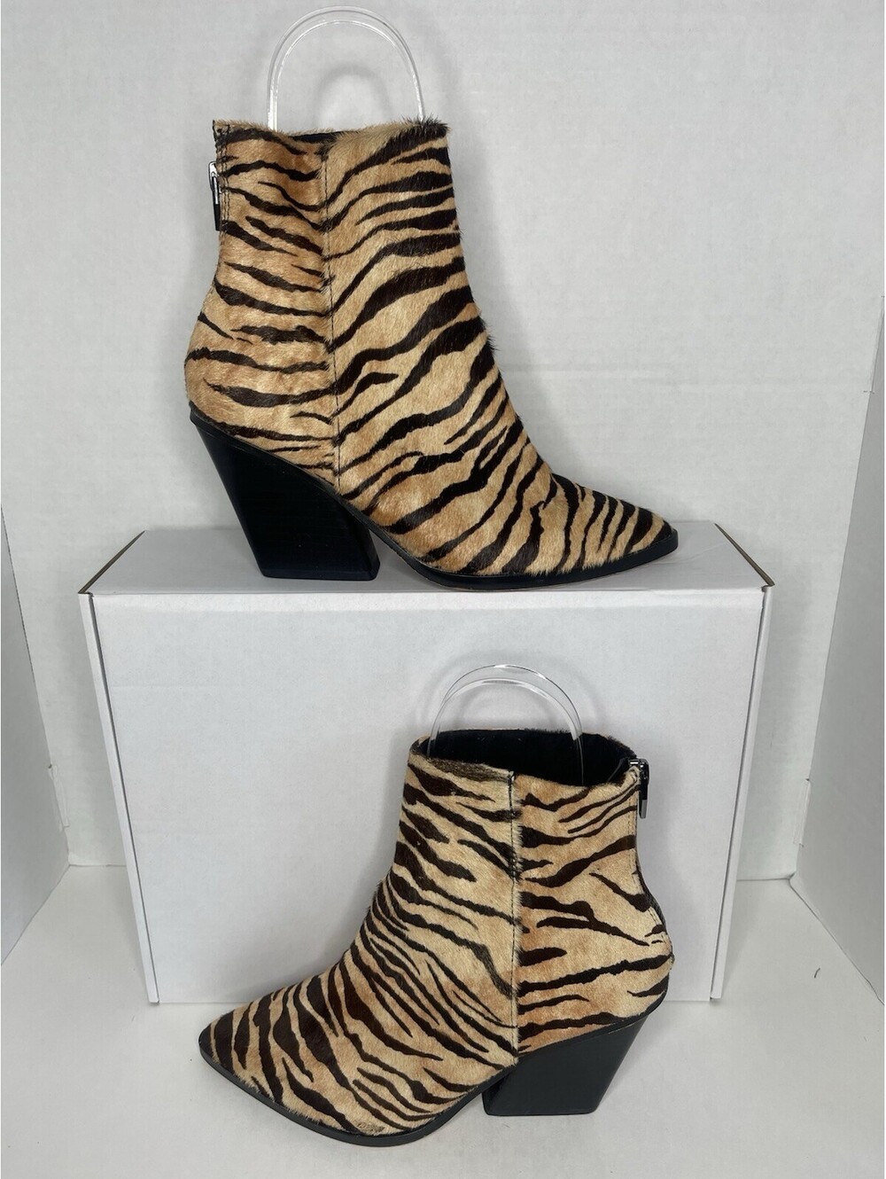 Dolce Vita “Aden” Tiger Print Calf‑Hair Booties – Pointed Toe & Stacked Heel